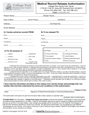 College Park Family Care Medical Records  Form
