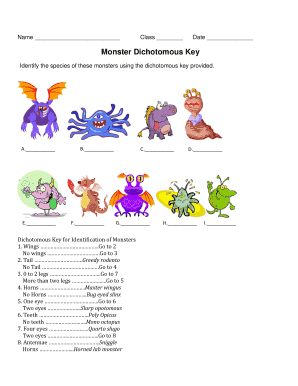 Monster Classification with a Dichotomous Key Answers  Form