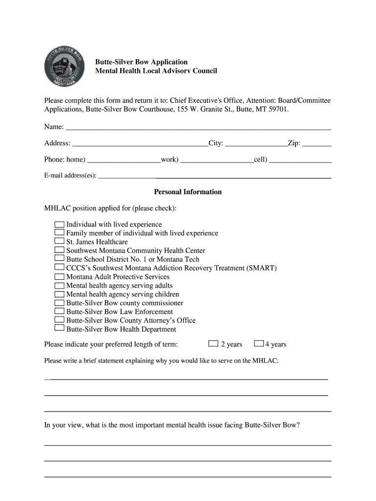 Butte Silver Bow Application Mental Health Local Advisory  Form