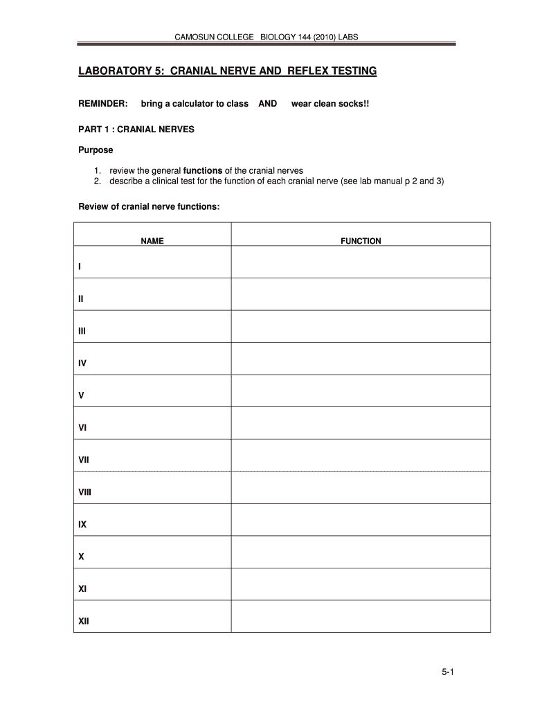 Biology 144 Lab 5 Reflexes and Cranial Nerves Hunterp Disted Camosun Bc  Form