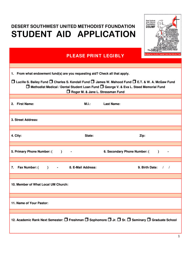 DESERT SOUTHWEST UNITED METHODIST FOUNDATION STUDENT AID Dsumf  Form