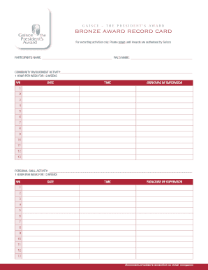 Gaisce Record Sheet  Form