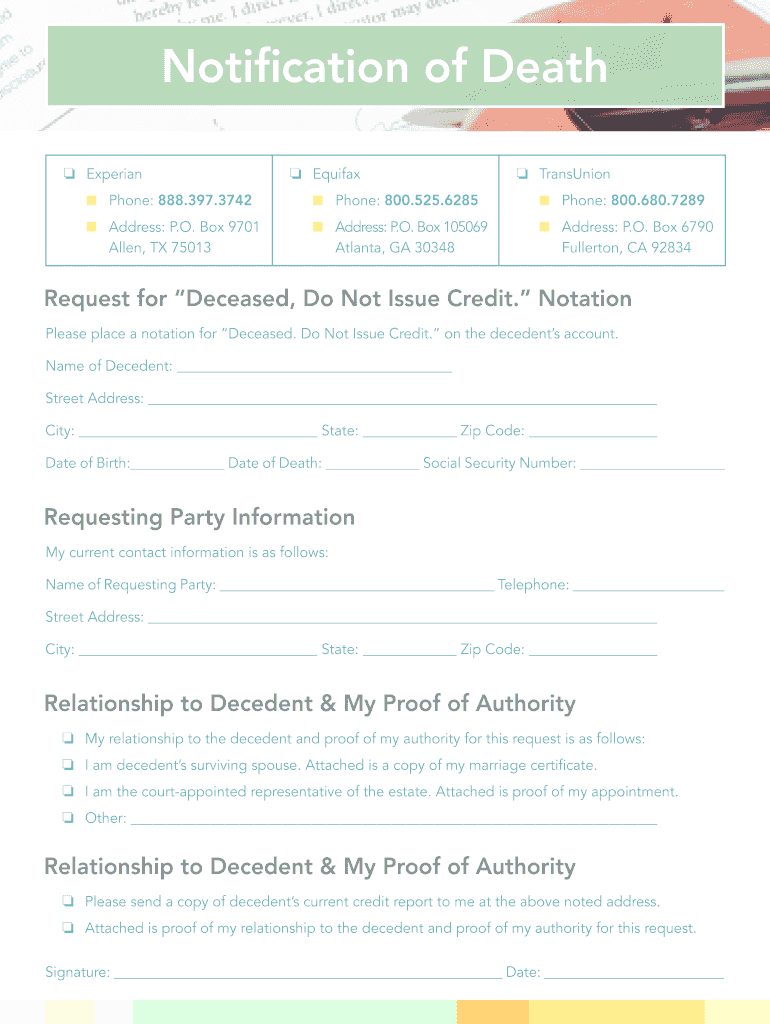 Request for Deceased Do Not Issue Cr Edit Notation  Form