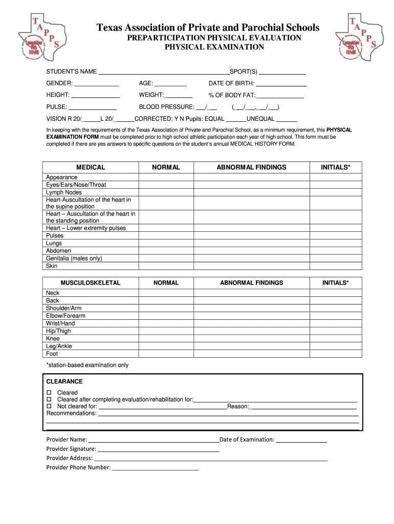 TAPPS Athletics Physical Examination Form PDF Keystone School