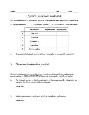 Species Interactions Worksheet PDF  Form