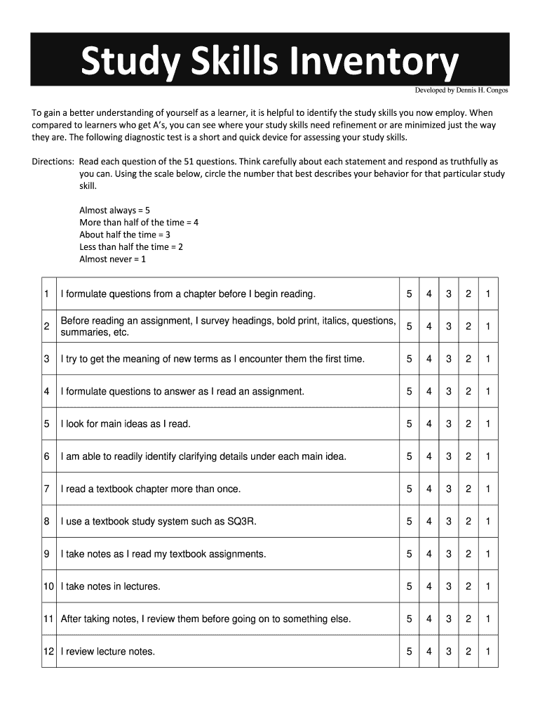 College Study Skills Inventory  Form