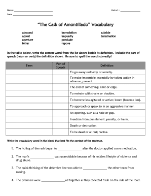 The Cask of Amontillado Vocabulary Fill in the Blank  Form