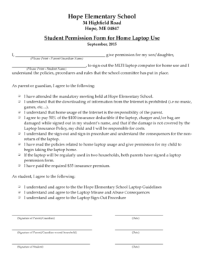  Student Permission Form for Home Laptop Use Five Town S 2015-2024