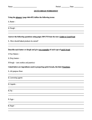 Quick Breads Worksheet Answer Key  Form
