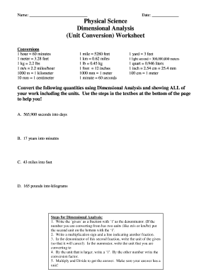 Physical Science Dimensional Analysis Unit Conversion Worksheet Answer Key  Form