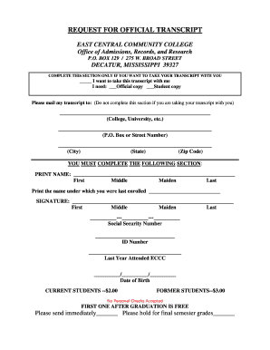 East Central Community College Transcript Request  Form