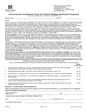 Immunization Verification Form for Holland College Healthcare