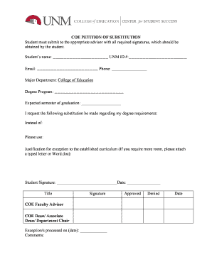 PETITION of SUBSTITUTION Form UNM College of Education Coe Unm