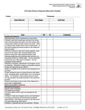 HS Center Director Classroom Observation Checklist Center Form - Fill ...