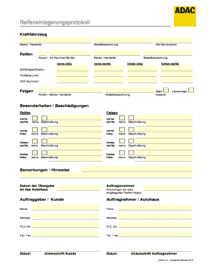 Reifeneinlagerungsprotokoll  Form