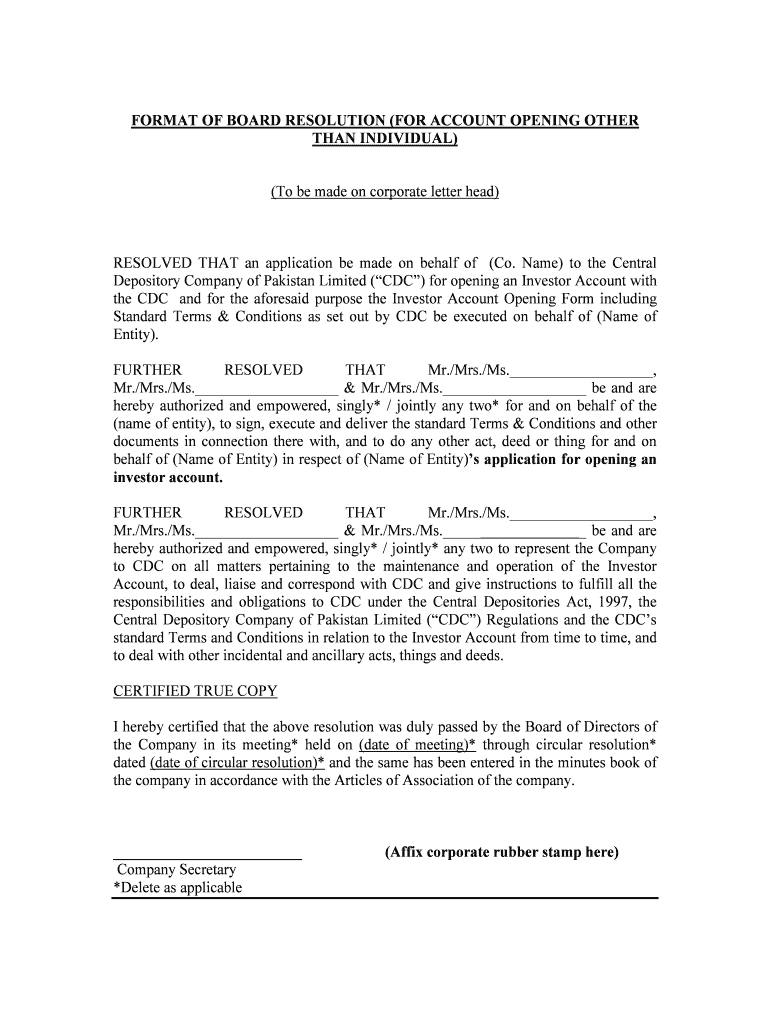 Board Resolution Account Opening  Form
