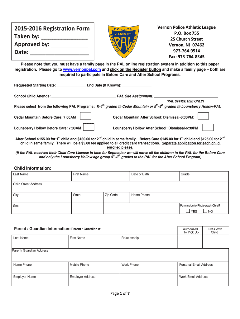 Registration Form Vernon Police Athletic League Taken