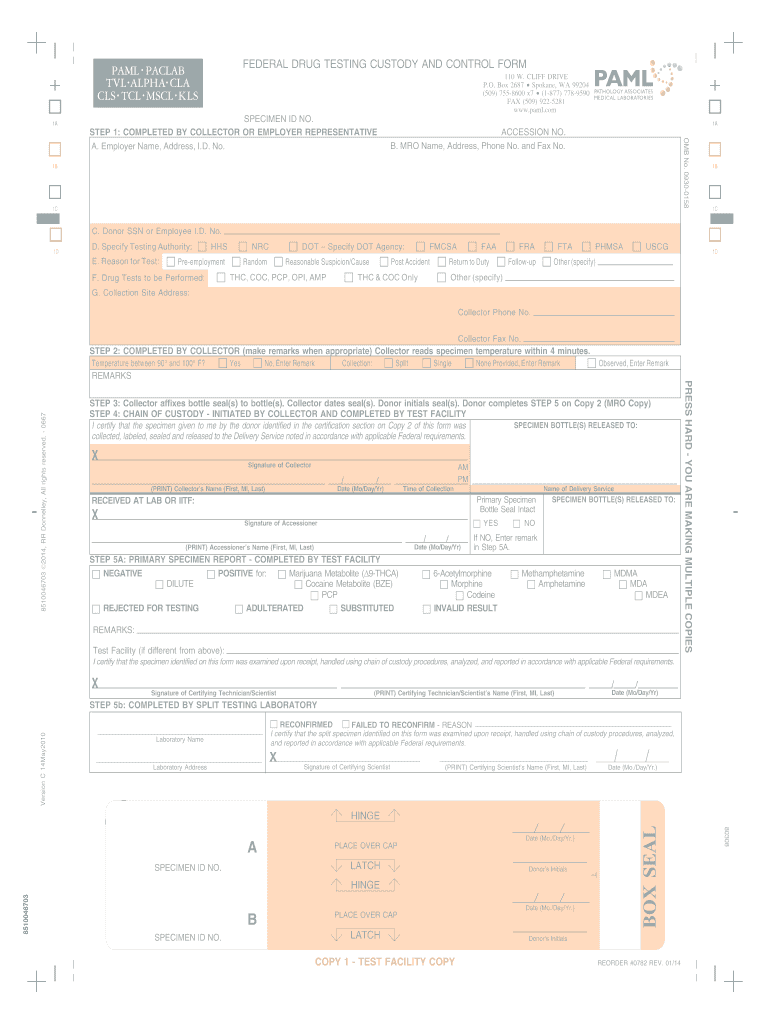 PAML FEDERAL DRUG TESTING CUSTODY and CONTROL FORM 110 W