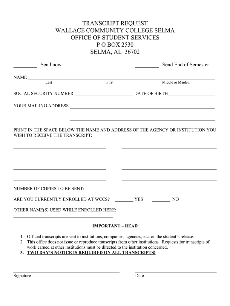 Wallace Community College Selma Transcript Request  Form