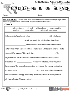 Cell Structure Cloze Answer Key  Form