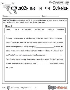 Cloze Ing in on Science Force Motion and Energy Answers  Form