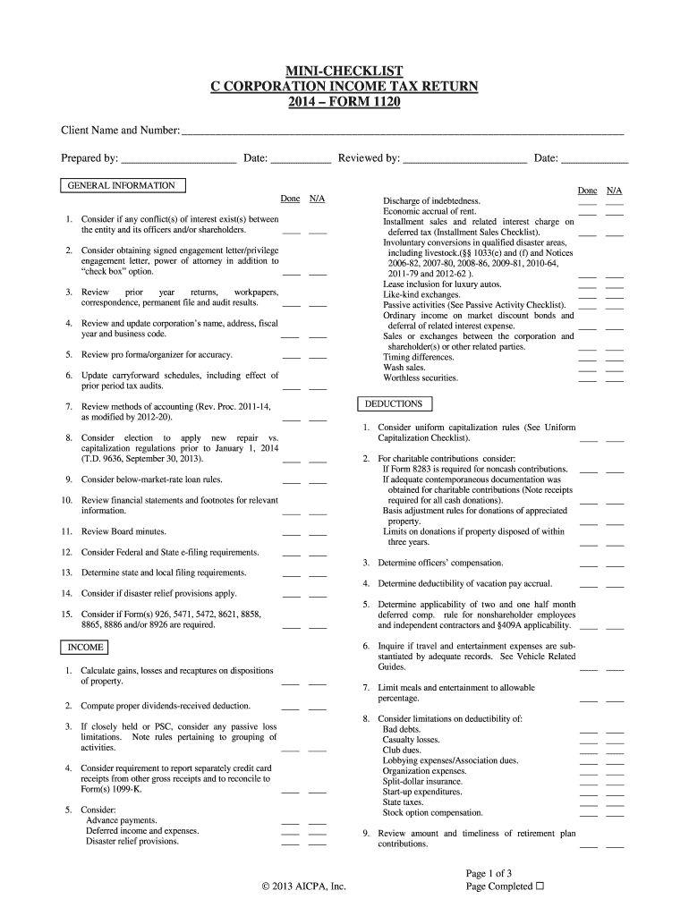 MINI CHECKLIST C CORPORATION INCOME TAX RETURN FORM 1120