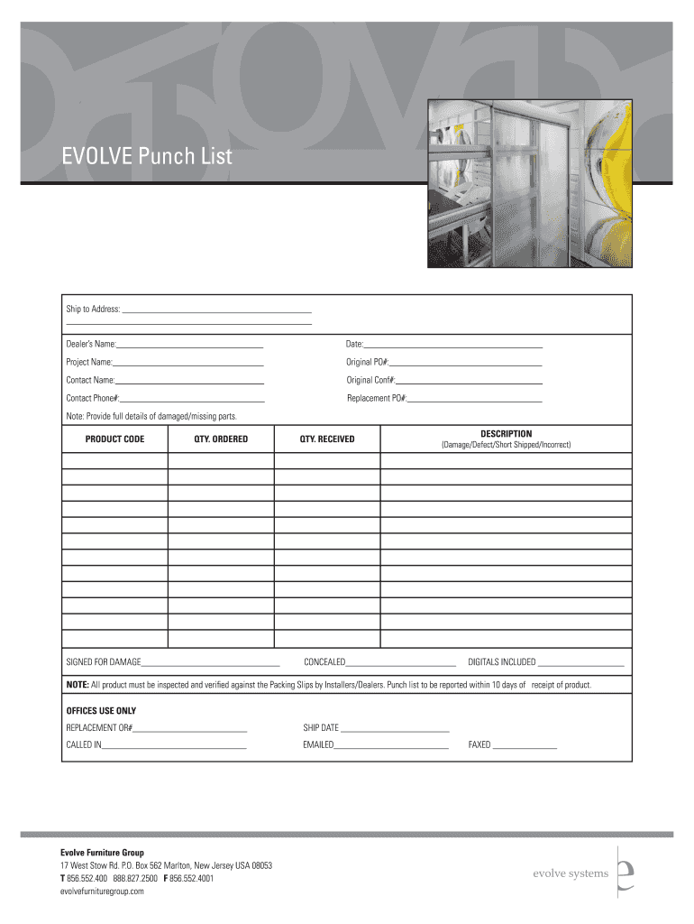 EOLE Punch List Evolve Furniture Group  Form