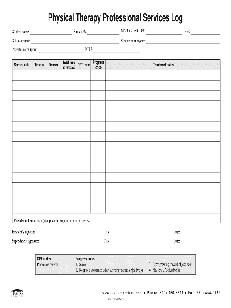 Physical Therapy Professional Services Log Leader Services  Form