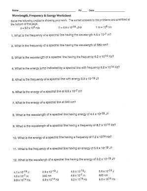 Energy Wavelength and Frequency Worksheet  Form