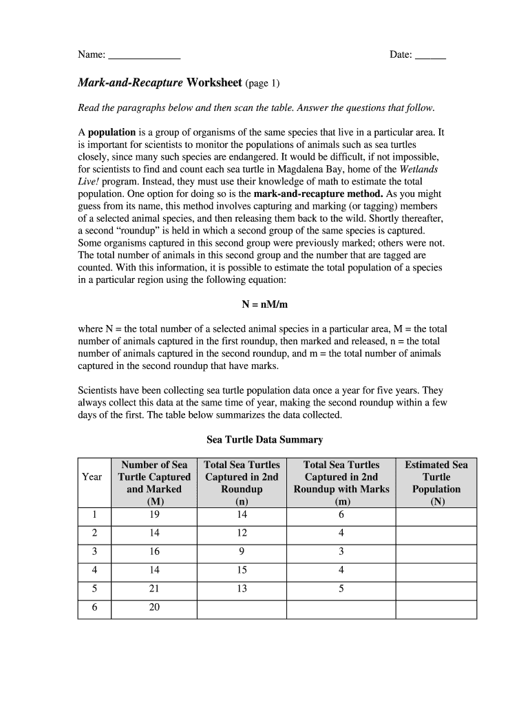 Mark and Recapture Worksheet  Form