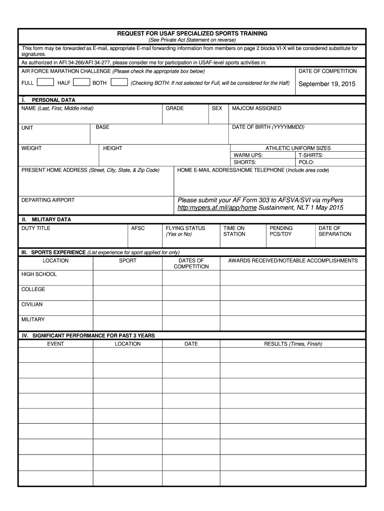 Request for Usaf Specialized Sports Training Air Force Marathon  Form