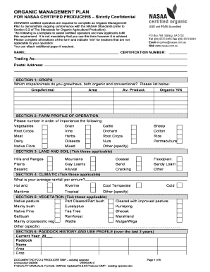 ORGANIC MANAGEMENT PLAN for NASAA CERTIFIED PRODUCERS  Form