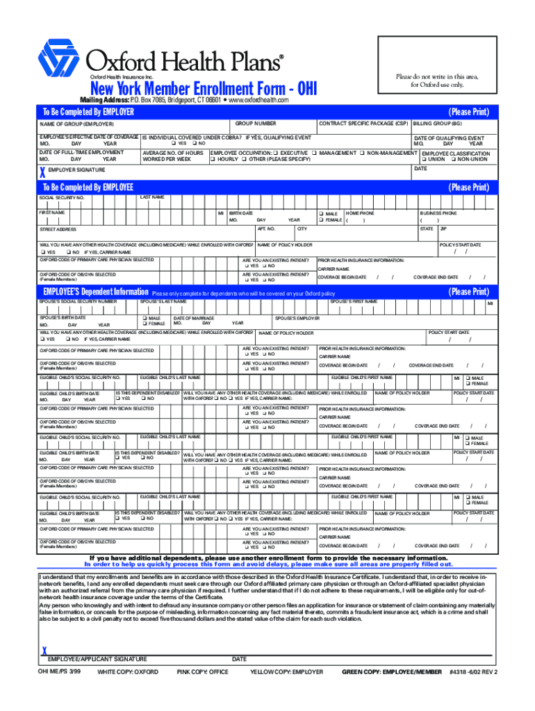 Oxford Health Insurance Inc New York Member Enrollment Form