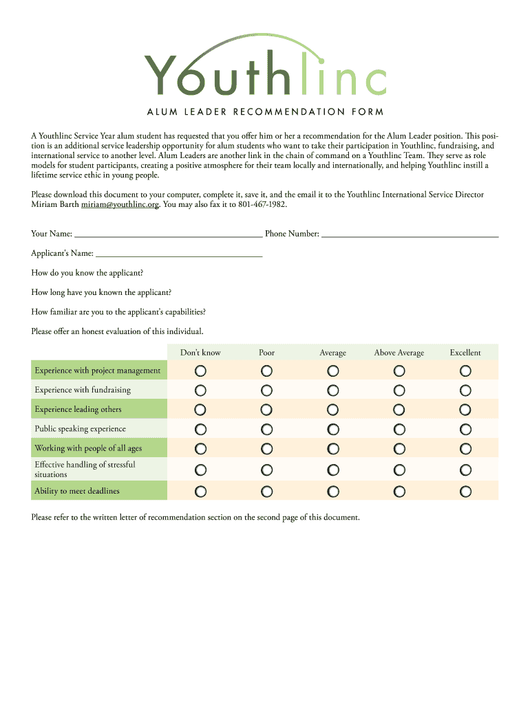 Alum Leader Ecommendation Formr  Youthlinc  Youthlinc