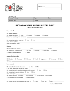 INCOMING SMALL ANIMAL HISTORY SHEET Ottawa Humane Society  Form