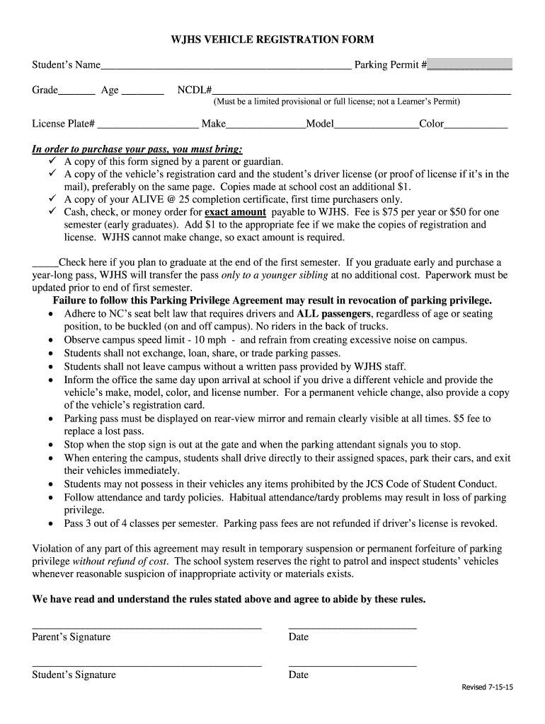  WJHS VEHICLE REGISTRATION FORM  West Johnston  Wjhs Johnston K12 Nc 2015-2024