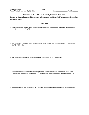 Specific Heat and Heat Capacity Worksheet  Form