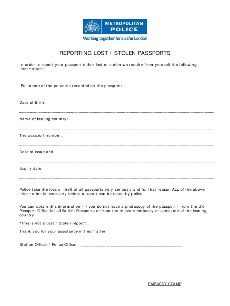 REPORTING LOSTSTOLEN PASSPORTS Bphclondonorgb  Form