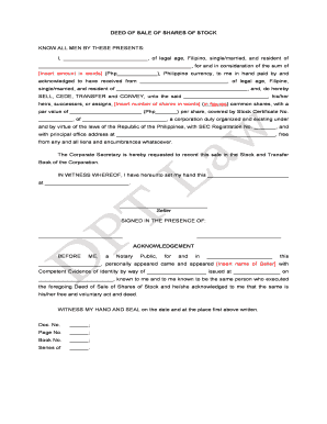 Deed of Sale of Shares of Stock  Form