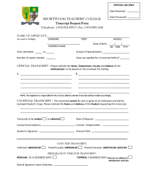Shortwood Teachers College Transcript Request  Form