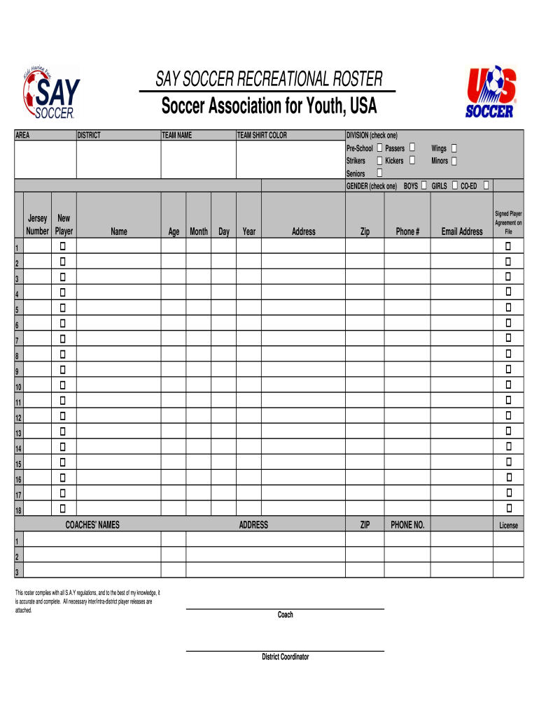 Say Soccer Recreational Roster  Form