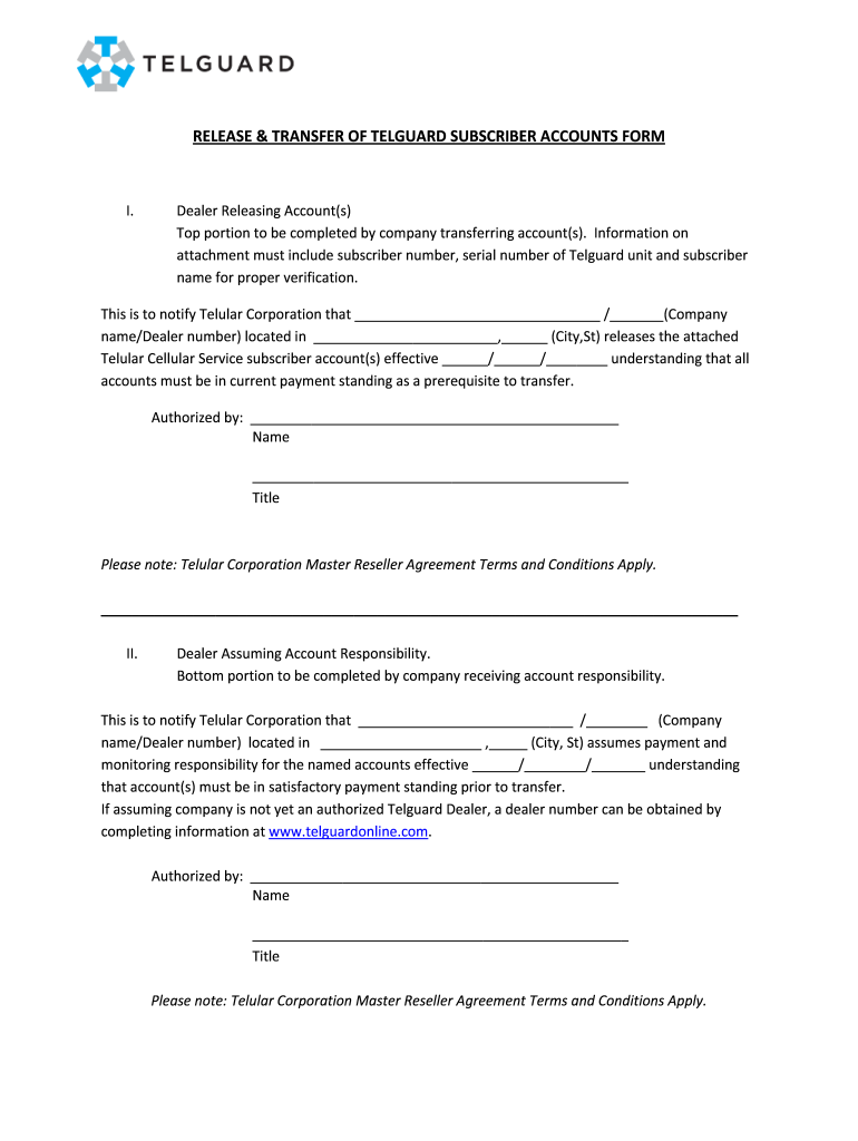 RELEASE Amp TRANSFER of TELGUARD SUBSCRIBER ACCOUNTS FORM