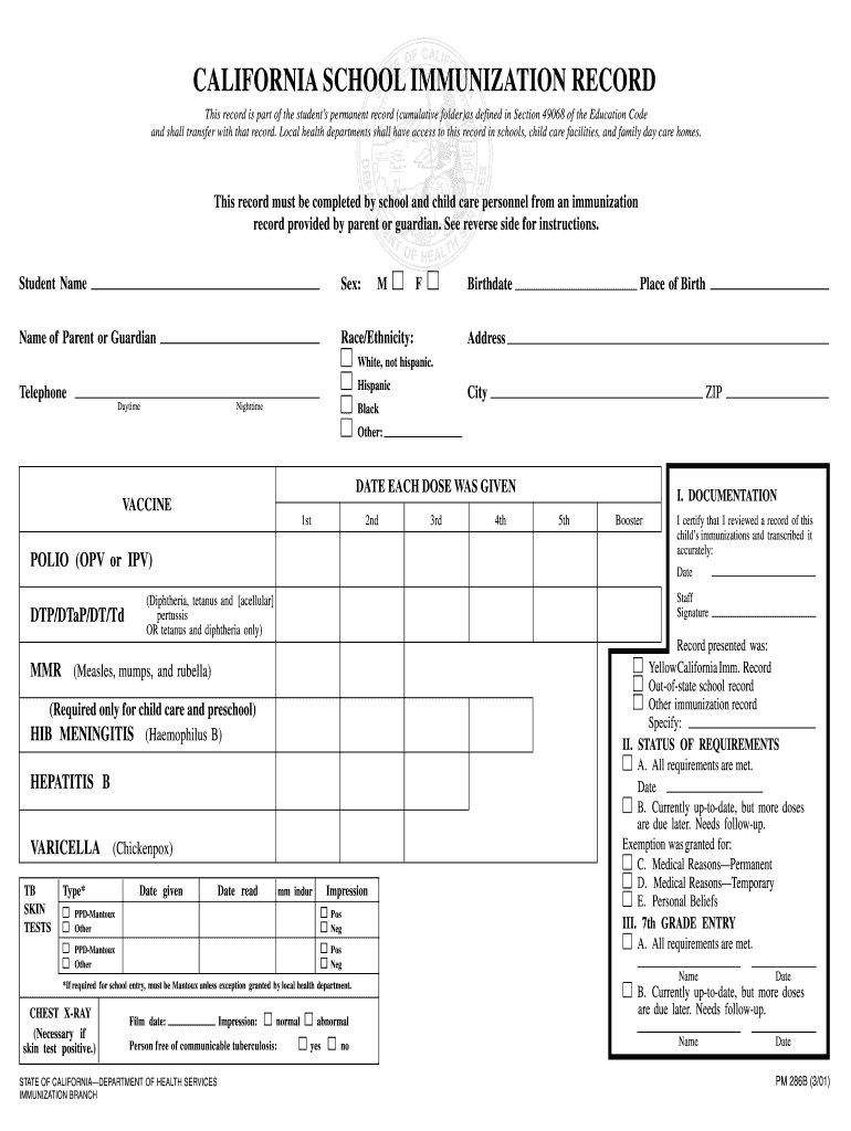 Blank California School Immunization Form Fill Out and Sign Printable