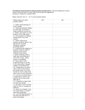 Cyclothymic Hypersensitive Temperament Questionnaire, Child and Adolescent Version  Form