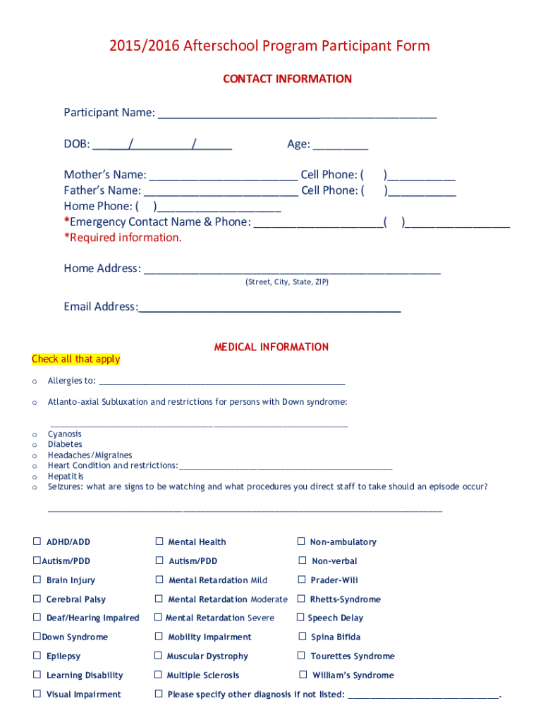  After School Registration Form Template 2016-2024