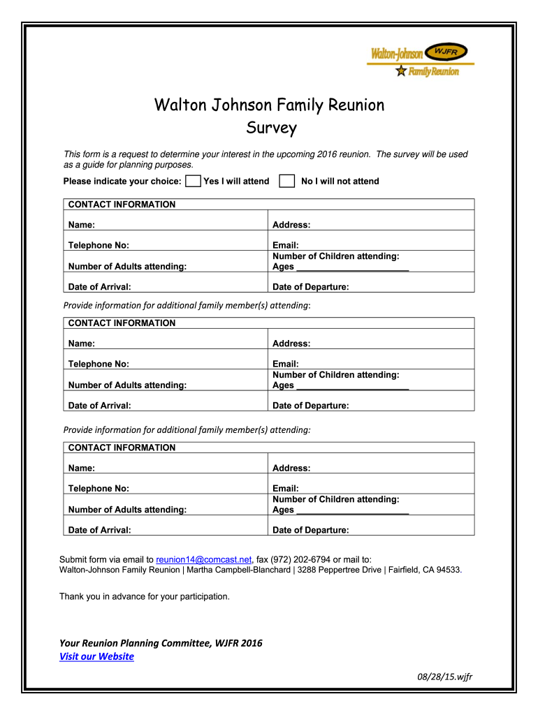 Get and Sign Family Reunion Survey Ideas 2015-2022 Form