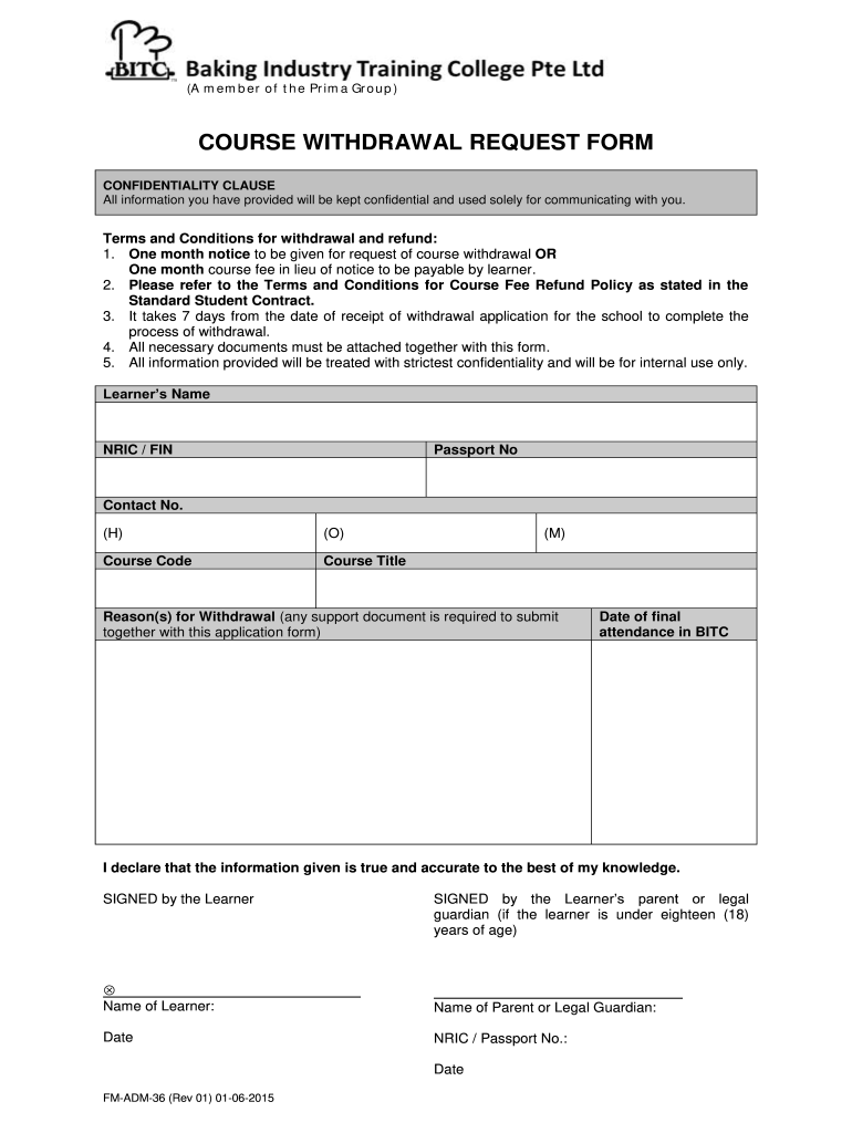  COURSE WITHDRAWAL REQUEST FORM BITC 2015
