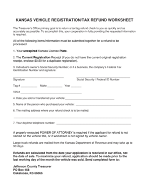 Kansas Tag Refund Worksheet  Form