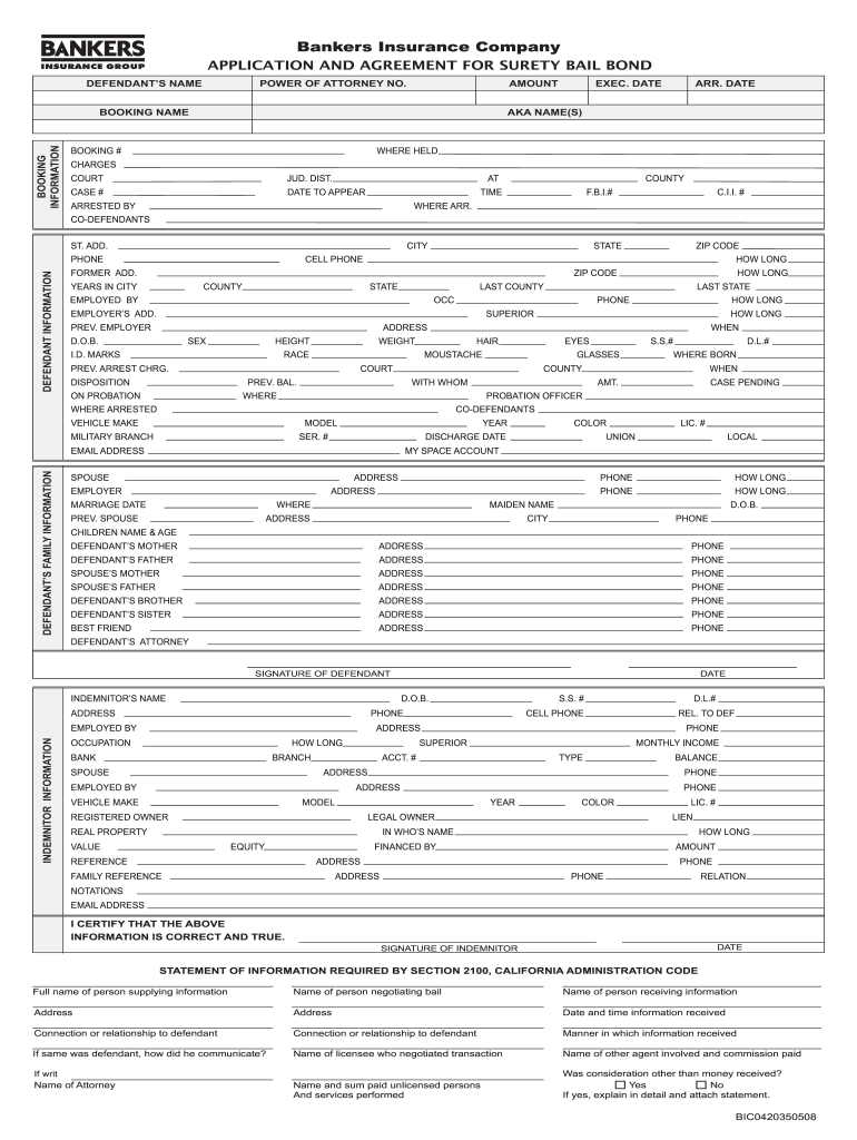 Bankers Insurance Company Golden Eagle Bail Bonds  Form