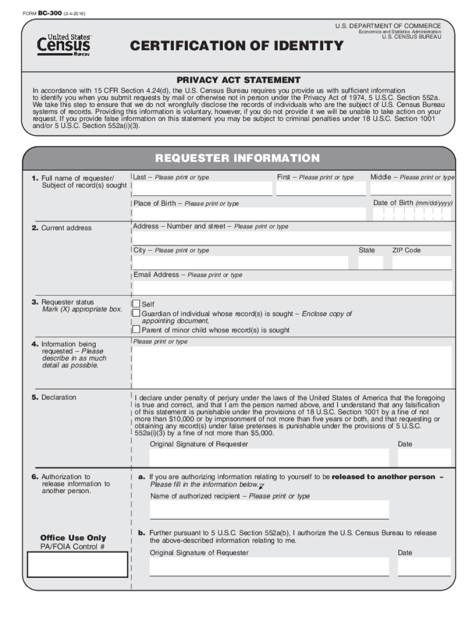  BC 300 Certification of Identity Privacy Act Request 2016-2024